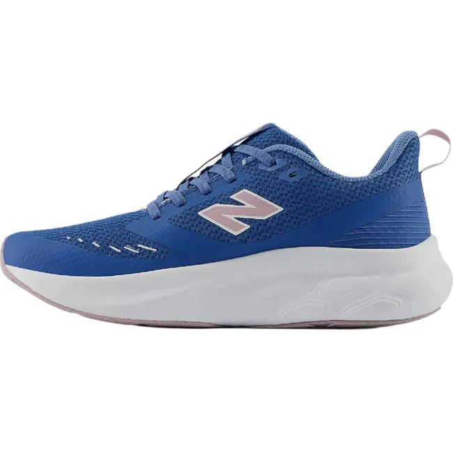 Medial side of Kids New Balance Fresh Foam 625 Running Shoe in blue with pink accents and white sole