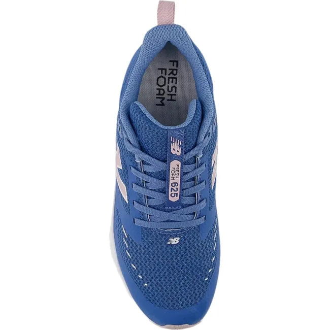 Top down view of Kids New Balance Fresh Foam 625 Running Shoe in blue with pink accents