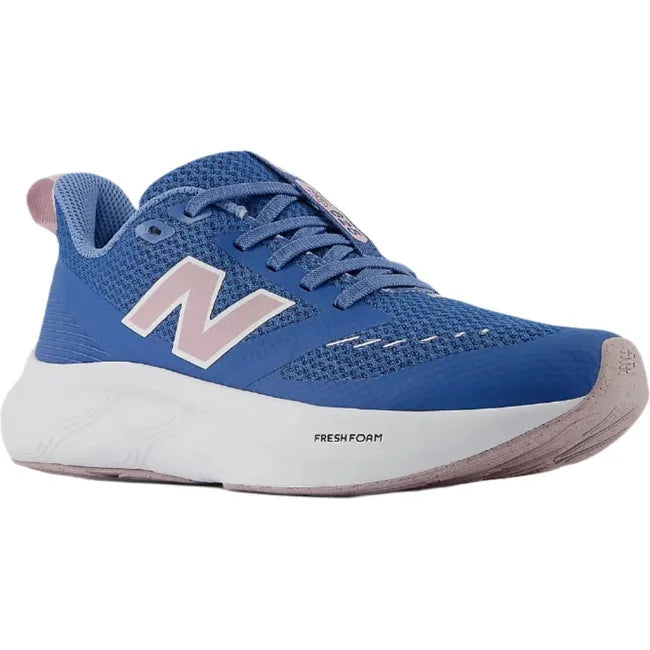 Front angled view of Kids New Balance Fresh Foam 625 Running Shoe in blue with pink accents
