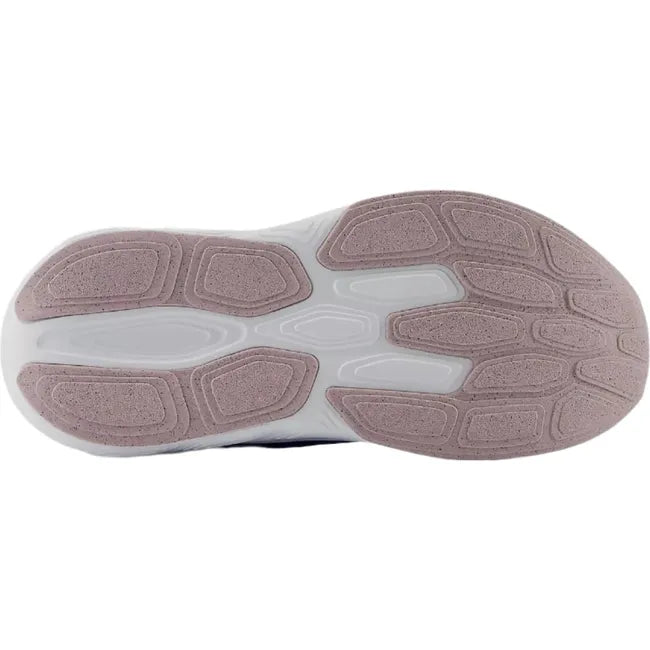 Sole view of Kids New Balance Fresh Foam 625 Running Shoe in blue with a white sole and pink tread