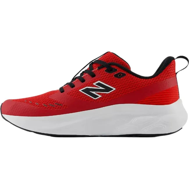 Medial side of Kids New Balance Fresh Foam 625 Running Shoe in red mesh with a white sole