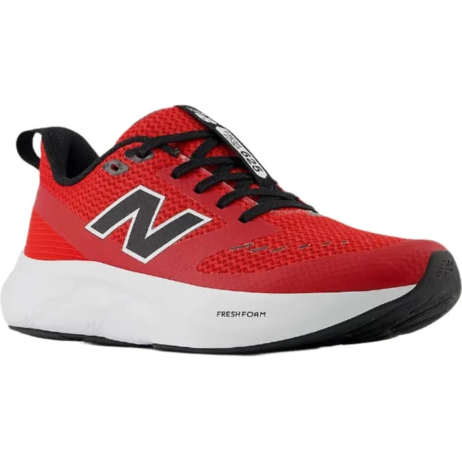 Front angled view of Kids New Balance Fresh Foam 625 Running Shoe in red mesh with a white sole