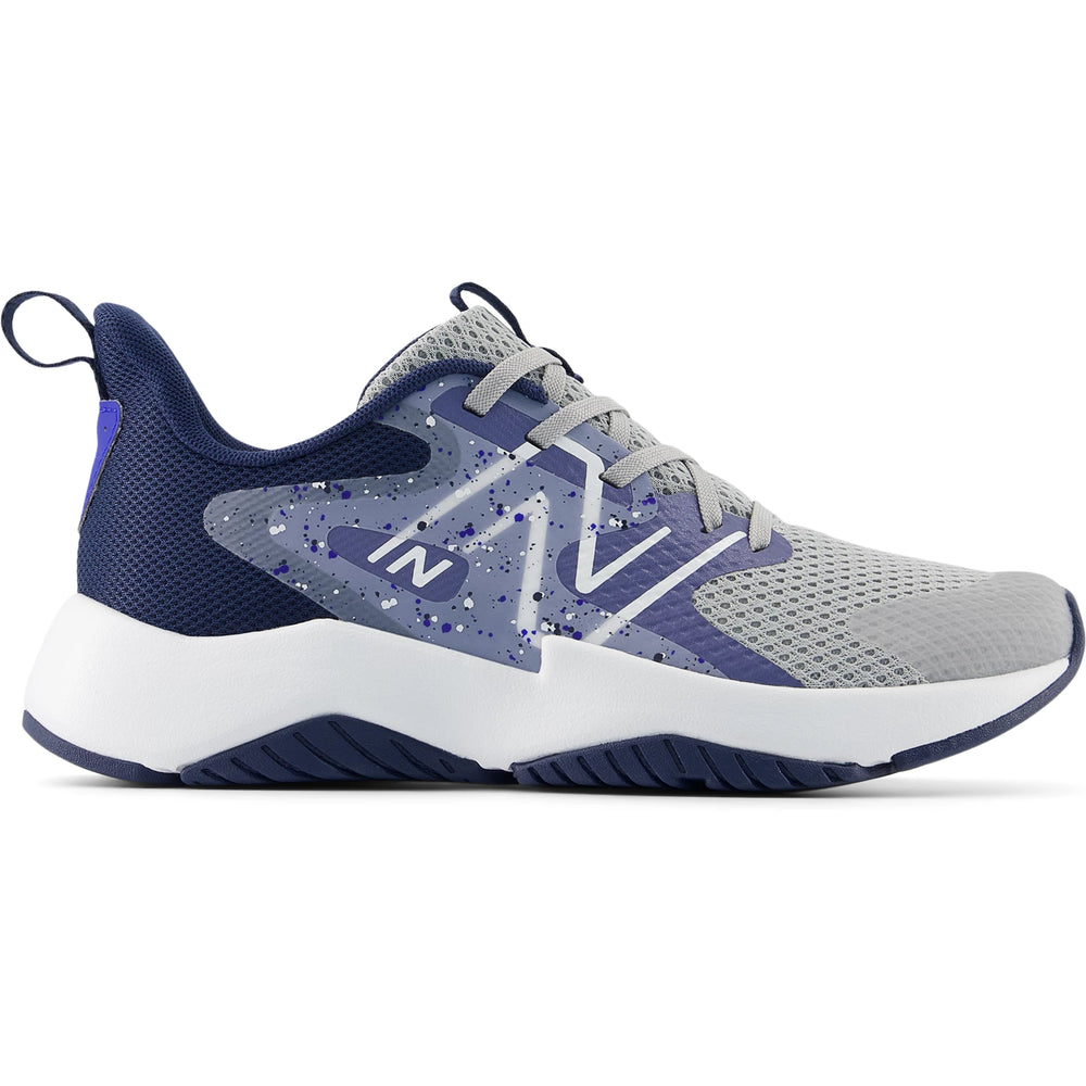 Side of New Balance Kids' Rave Run v2 running shoe in Raincloud/Dream Slate/NB Navy