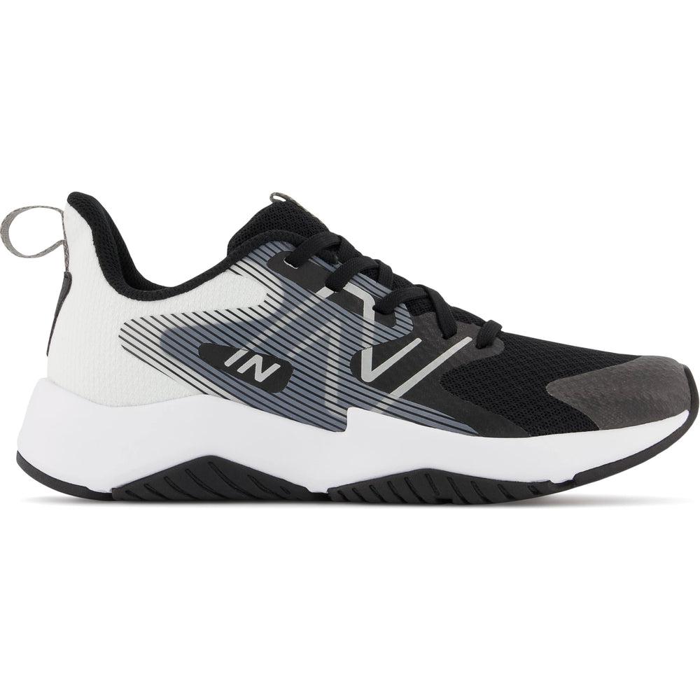 Side of New Balance Kids' Rave Run v2 running shoe in Black/White