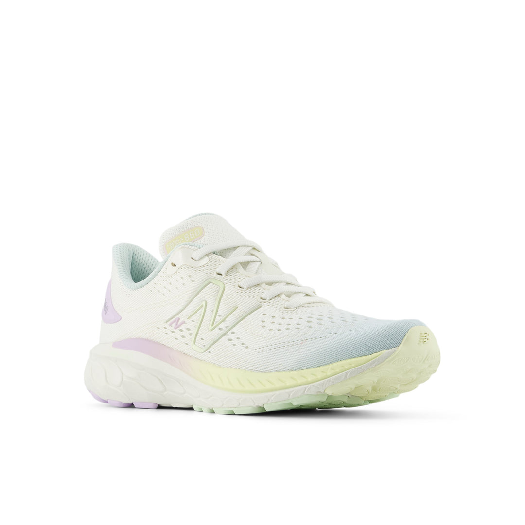 New Balance Kids' Fresh Foam X 860 V13 Running Shoe (Youth) in Sea Salt/Quarry Blue/Thistle/Alba Brillante, three-quarter front view