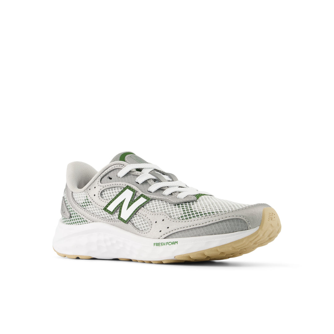 New Balance Kids' Fresh Foam Arishi Lux Lace Running Shoe (Youth) in Raincloud/Dark Metallic Silver/Alpine Green, three-quarter front view