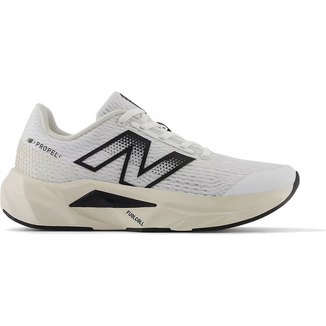 Lateral side of New Balance Big Kids' FuelCell Propel V5 Running Shoe in White Black and Linen