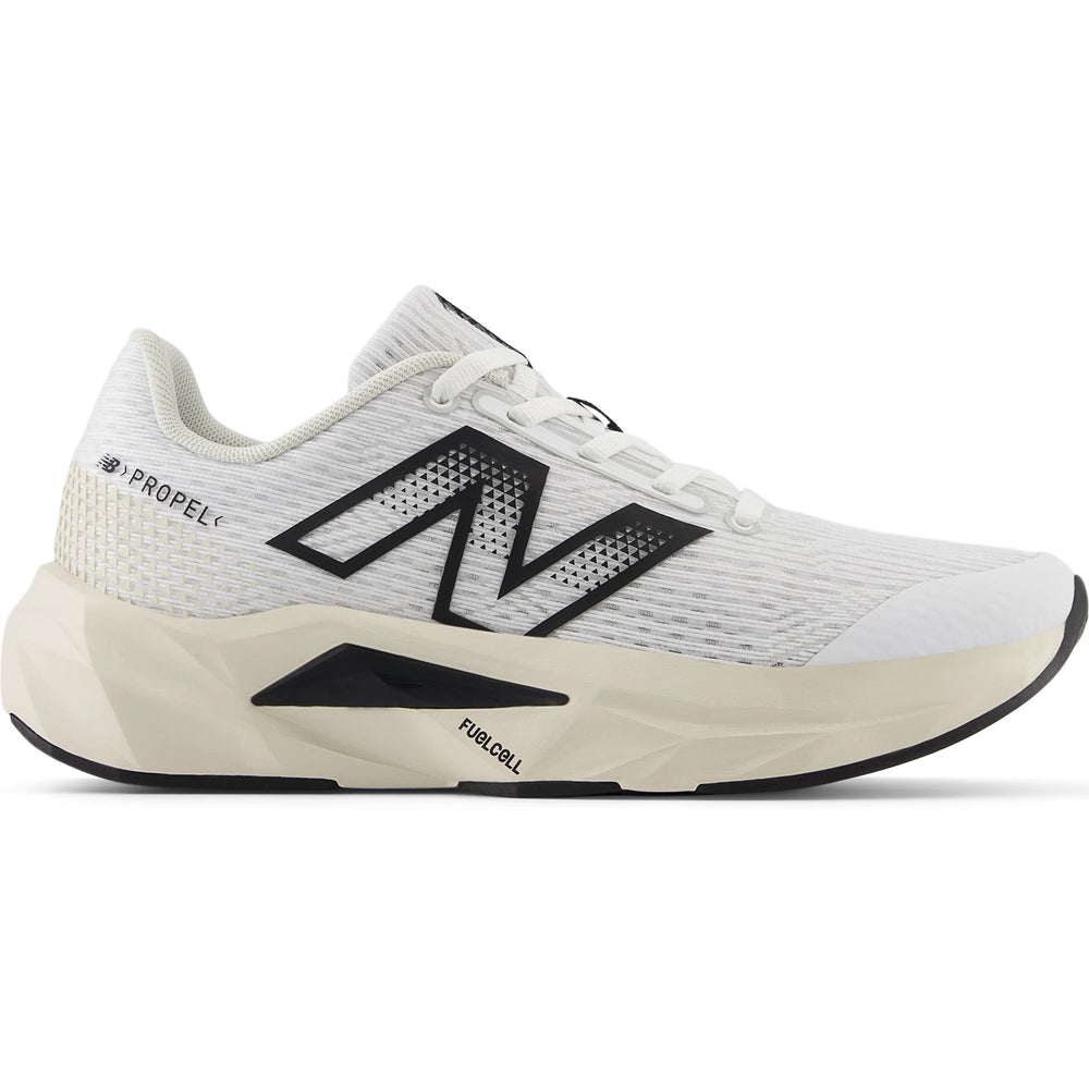 Side of New Balance Kids' FuelCell Propel v5 running shoe in White/Black/Linen