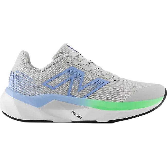 Lateral of New Balance Kids' FuelCell Propel V5 Running Shoe in gray with blue and green accents