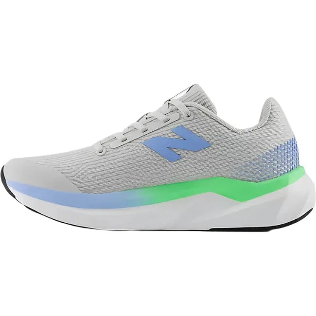 Medial of New Balance Kids' FuelCell Propel V5 Running Shoe in gray with blue and green accents