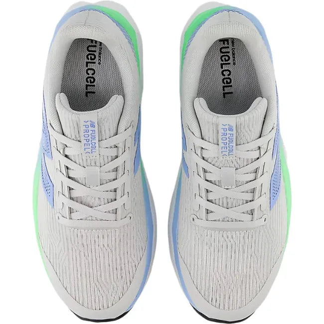 Top down view of New Balance Kids' FuelCell Propel V5 Running Shoe in gray with blue and green accents
