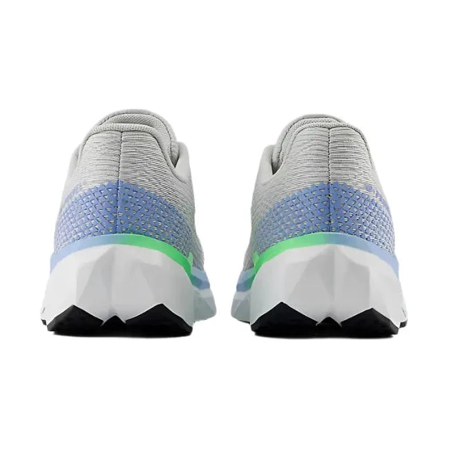 Heels of New Balance Kids' FuelCell Propel V5 Running Shoes in gray with blue and green accents