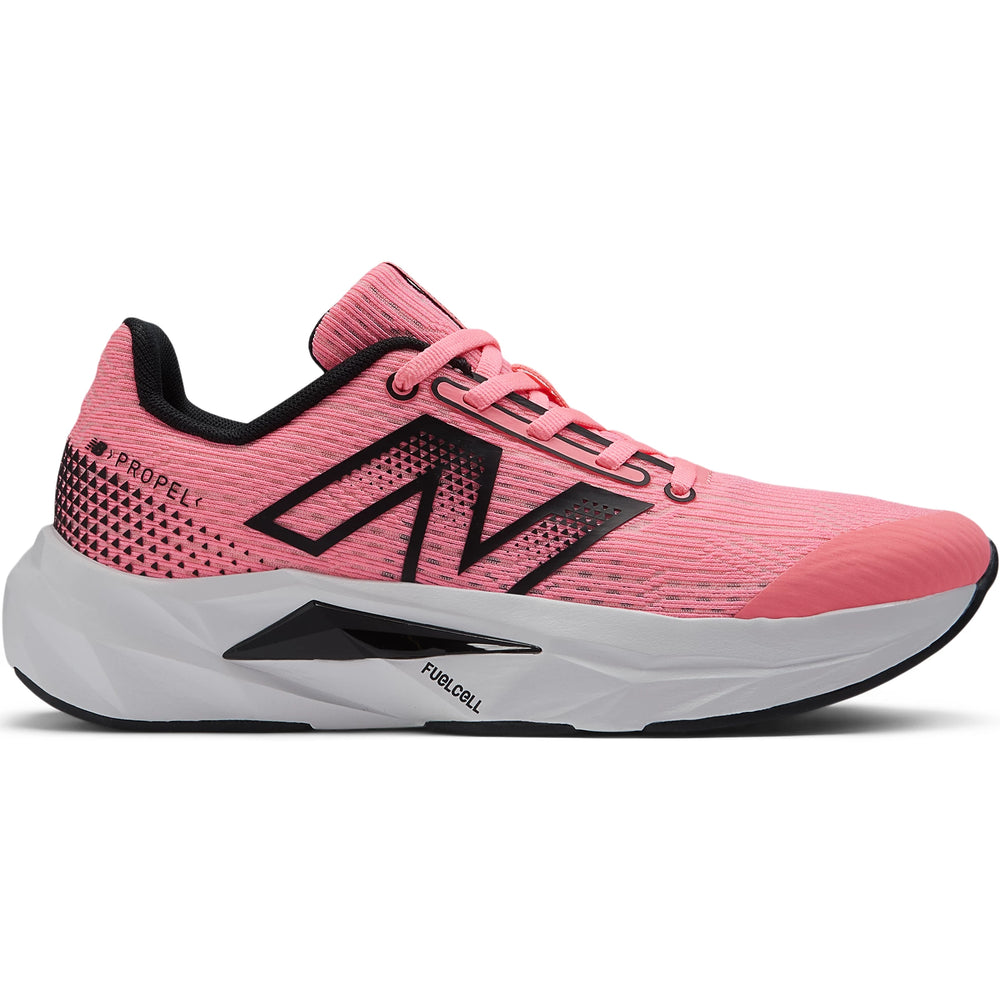 Side of New Balance Kids' FuelCell Propel v5 running shoe in Ultra Pink/Black
