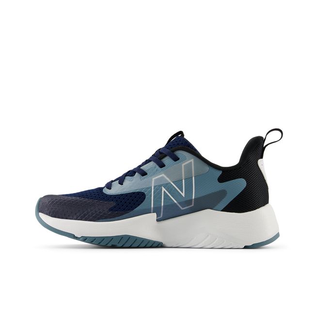 New Balance Kids' Rave Run V2 running shoe in navy blue, medial view.
