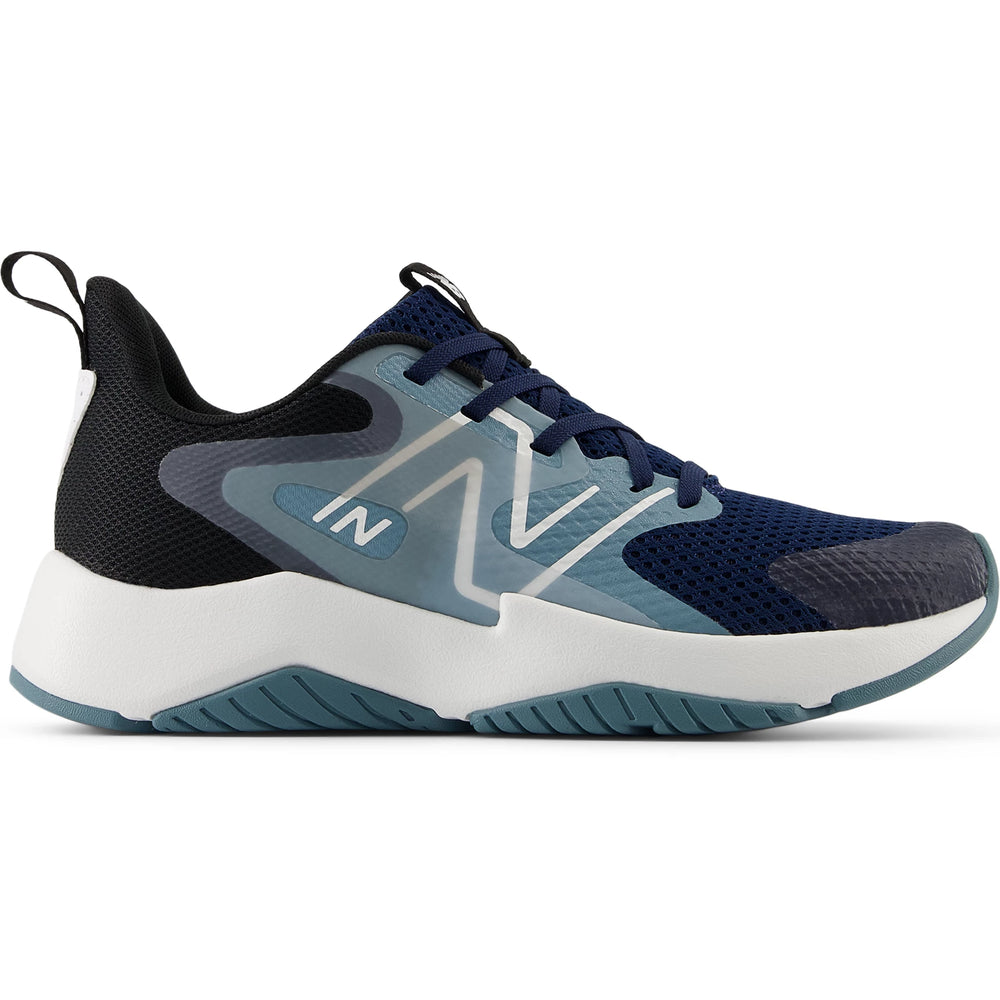 Side of New Balance Kids' Rave Run v2 running shoe in NB Navy
