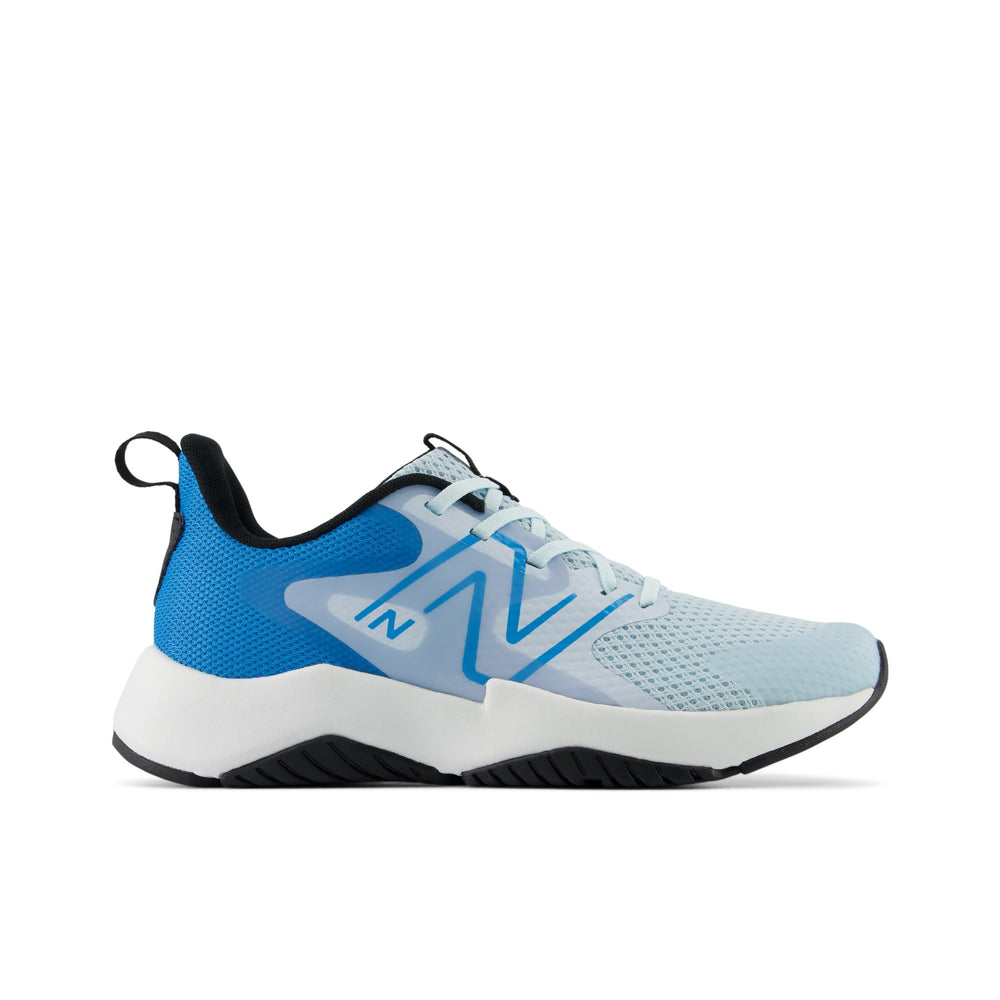 New Balance Kids' Rave Run V2 Running Shoe (Youth) in Bright Sky, outside view