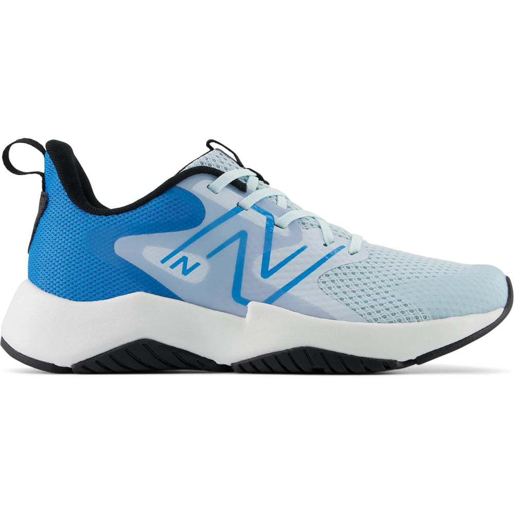 Side of New Balance Kids' Rave Run v2 running shoe in Bright Sky