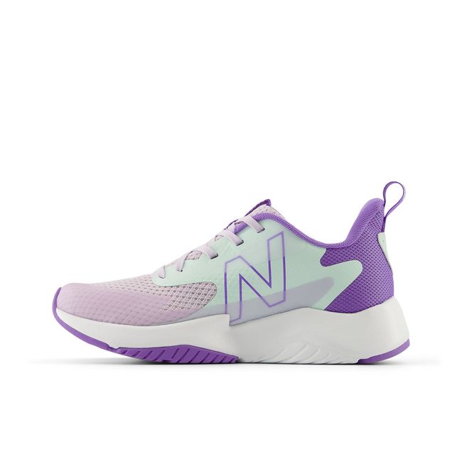 New Balance Kids' Rave Run V2 running shoe in purple, medial view.
