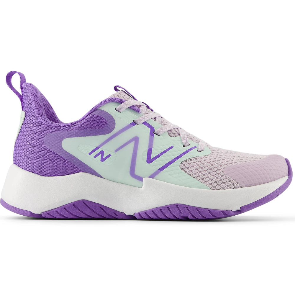Side of New Balance Kids' Rave Run v2 running shoe in Taro Purple