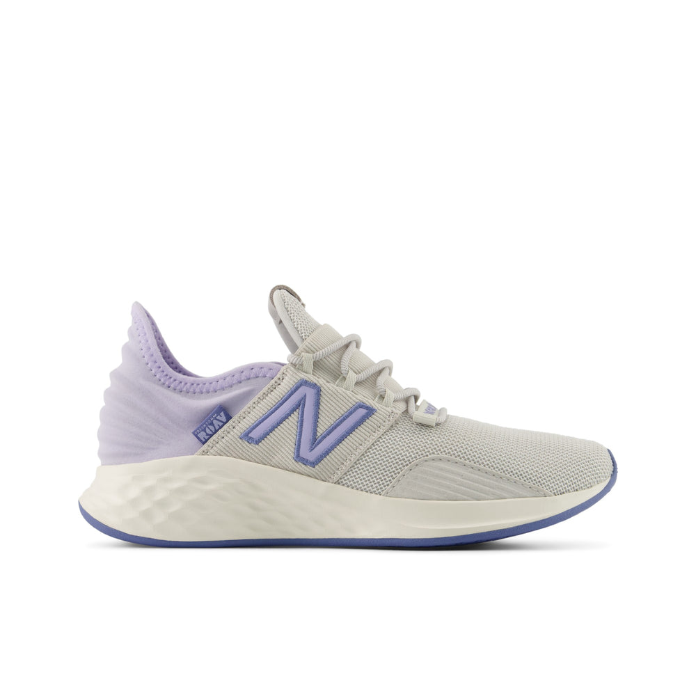 New Balance Kids' Fresh Foam Roav Running Shoe (Youth) in Grey Matter/Daybreak/Fairweather Blue, outside view
