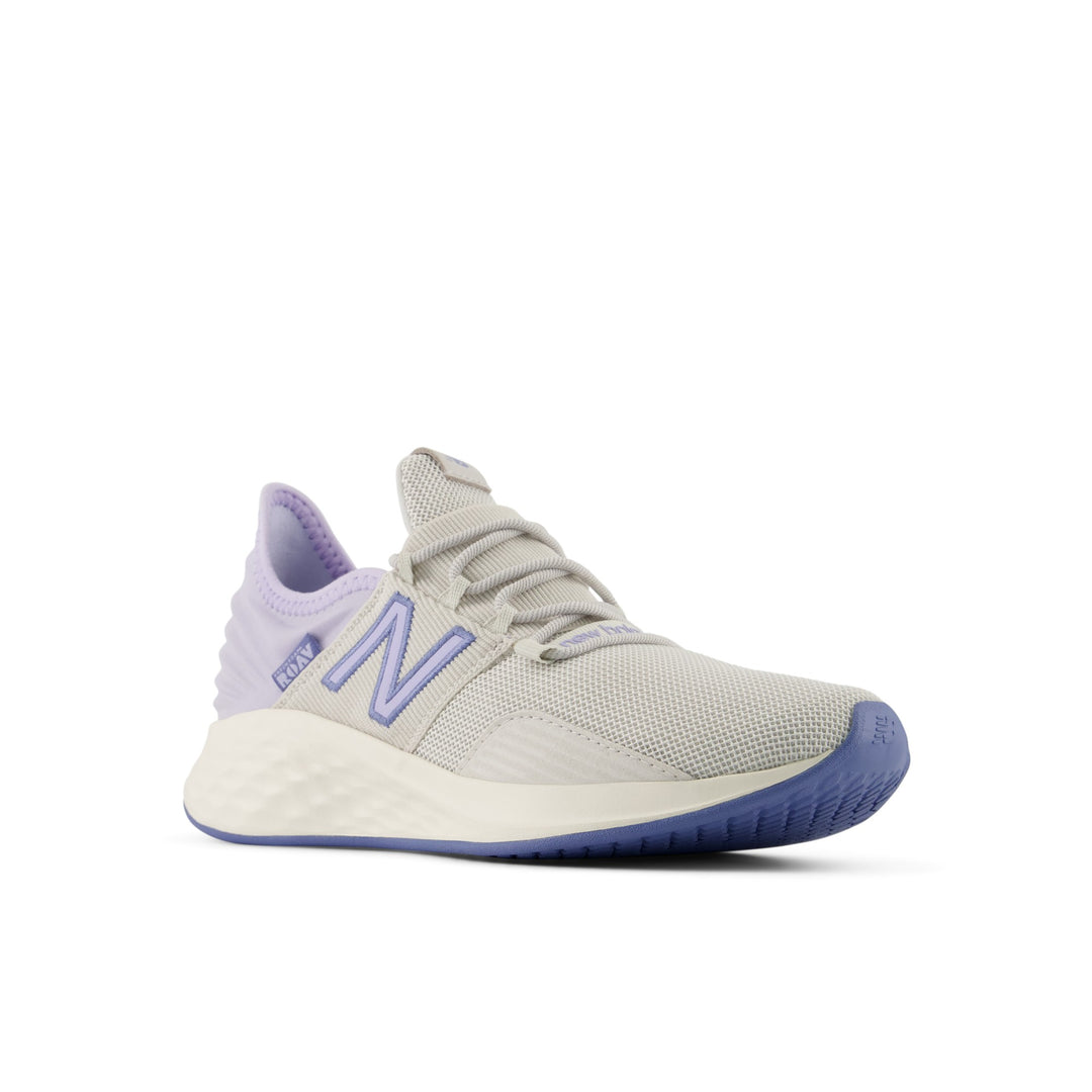 New Balance Kids' Fresh Foam Roav Running Shoe (Youth) in Grey Matter/Daybreak/Fairweather Blue, three-quarter front view