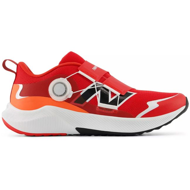 New Balance DynaSoft Reveal V4 BOA kids running shoe in red and orange, lateral view.