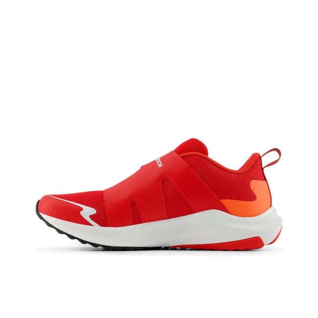 New Balance DynaSoft Reveal V4 BOA kids running shoe in red and orange, medial view.