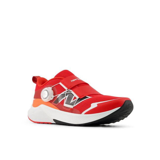 New Balance DynaSoft Reveal V4 BOA kids running shoe in red and orange, pair view.