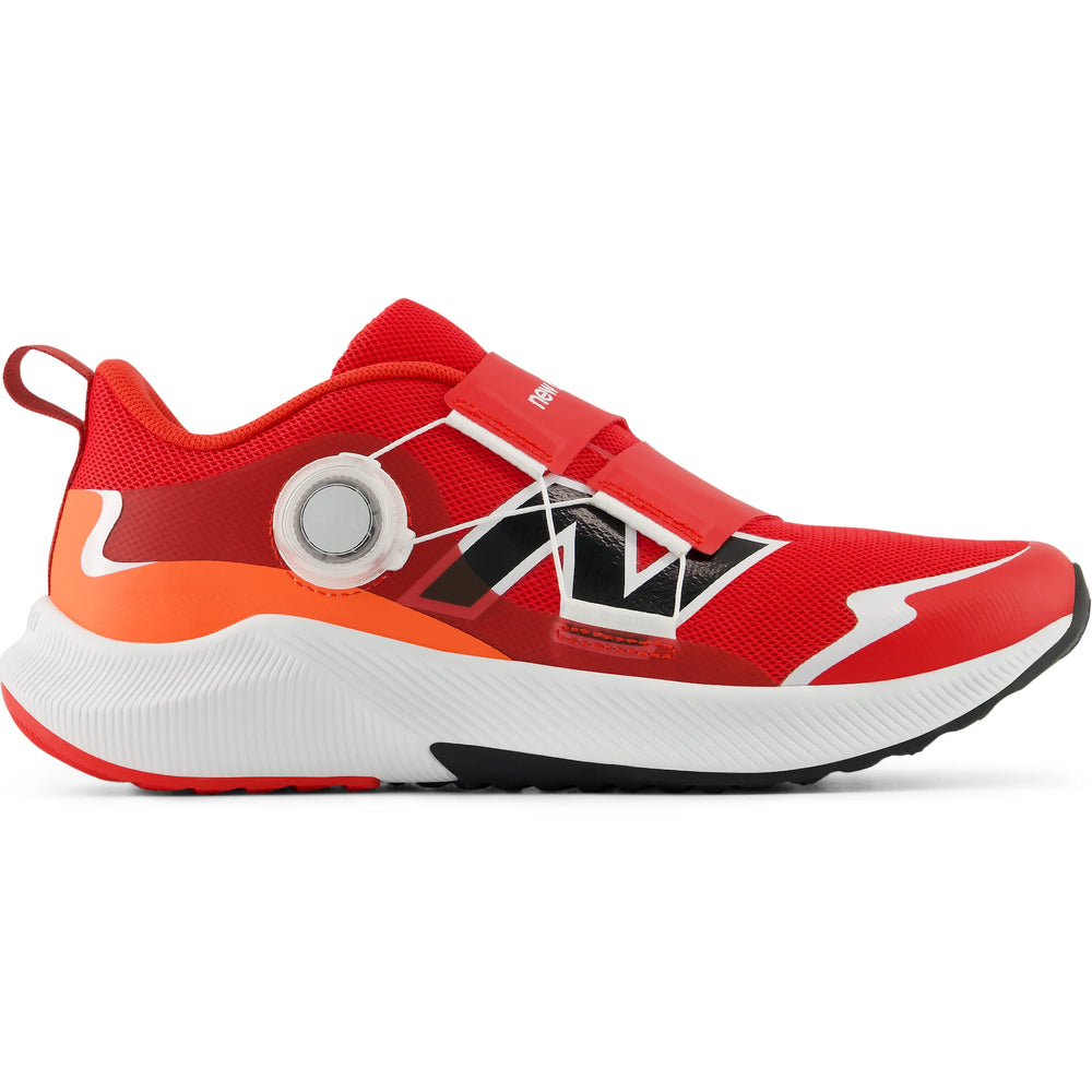 Side of New Balance Kids' DynaSoft Reveal v4 BOA running shoe in Fire Cracker/Shadow Red/Tangerine Heat