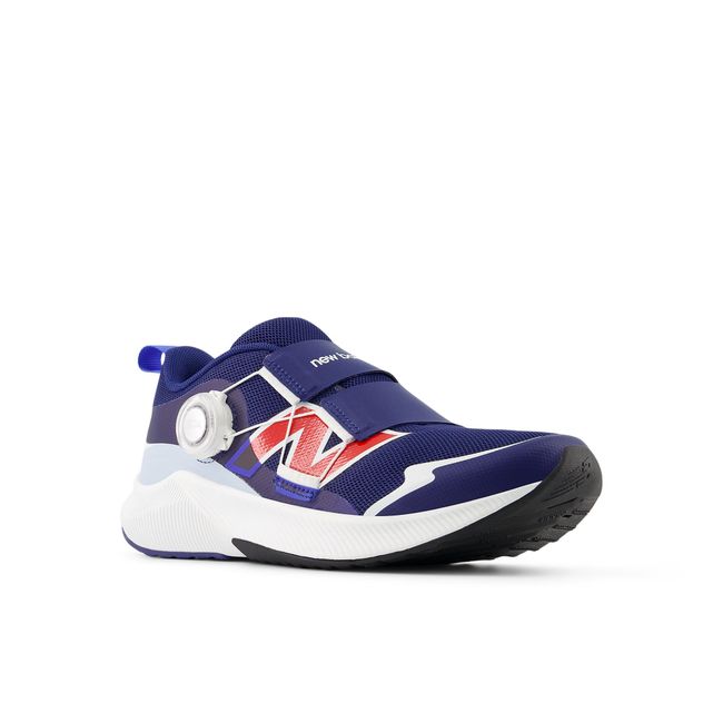 Pair of New Balance Reveal v4 BOA kids sneakers in navy and red