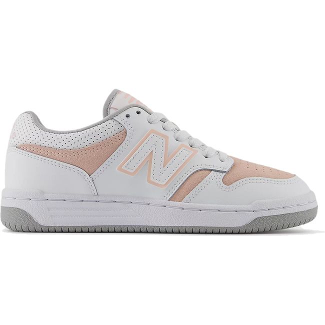 Lateral side of New Balance Big Kids' 480 Lifestyle Shoe in pink and white 