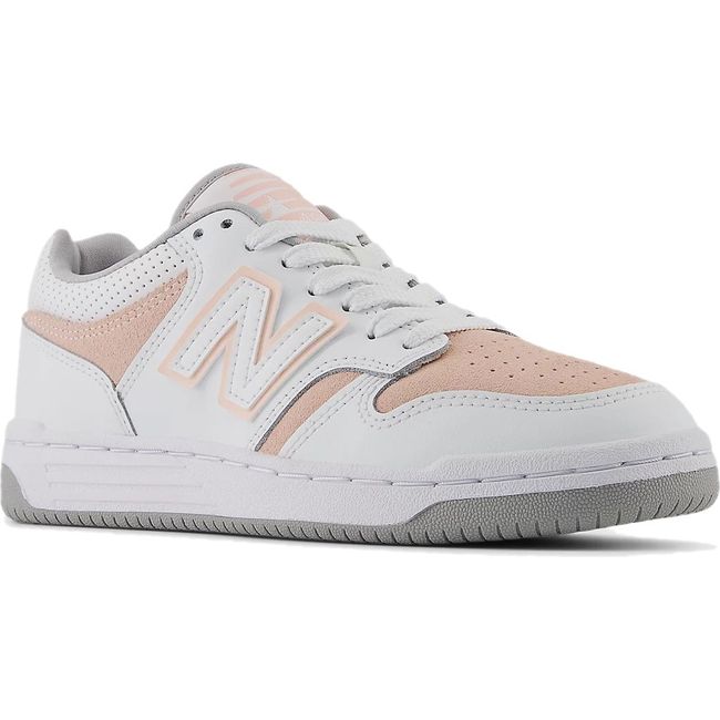Front angled view of New Balance Big Kids' 480 Lifestyle Shoe in pink and white 