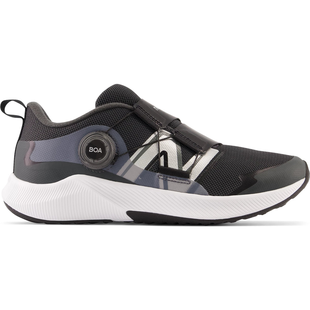 Side of New Balance Kids' DynaSoft Reveal v4 BOA running shoe in Blacktop/Black/Silver Metallic