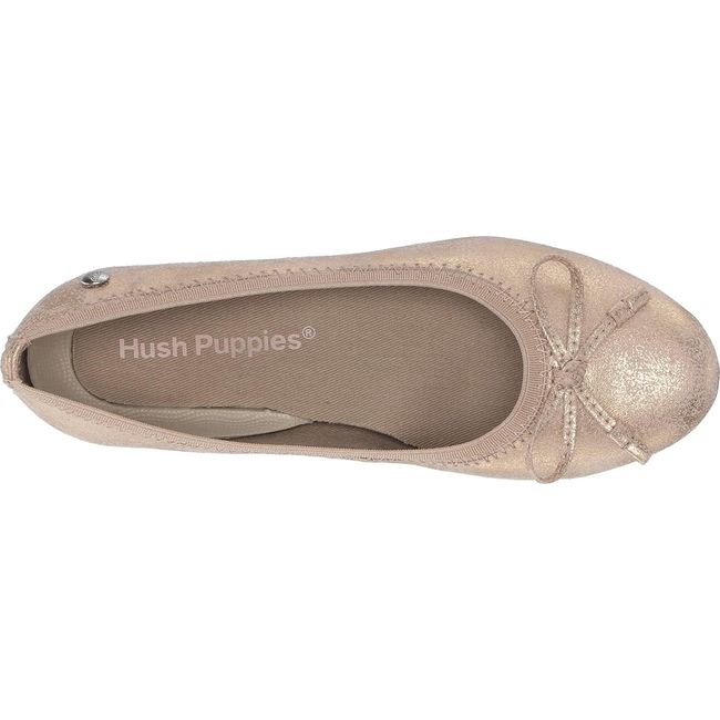 Top down view of Kids Hush Puppies Josie Flat in Rose Gold with a bow tie