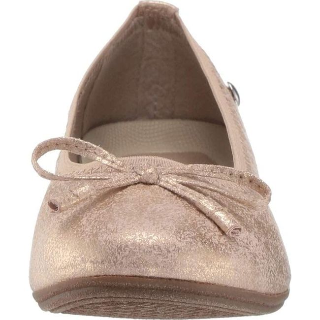Front of Kids Hush Puppies Josie Flat in Rose Gold with a bow tie