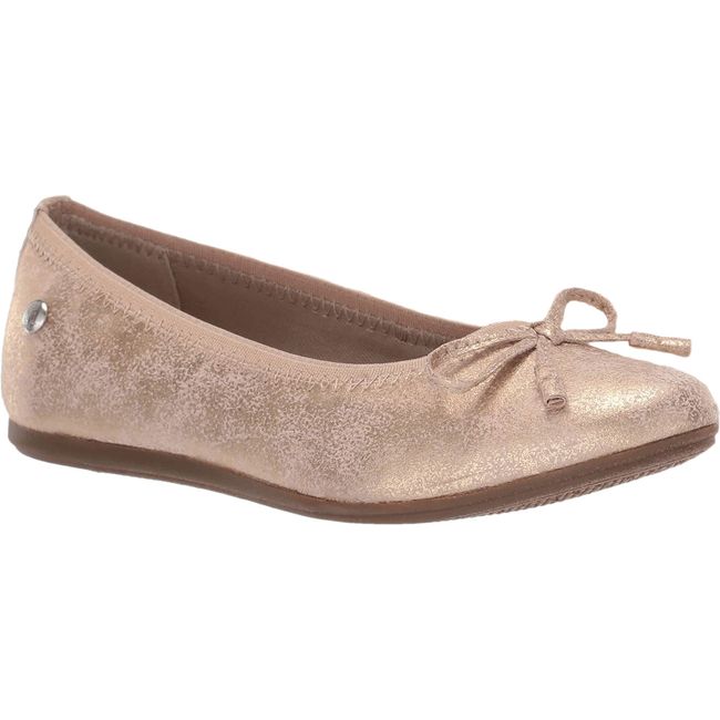 Front angled view of Kids Hush Puppies Josie Flat in Rose Gold with a bow tie