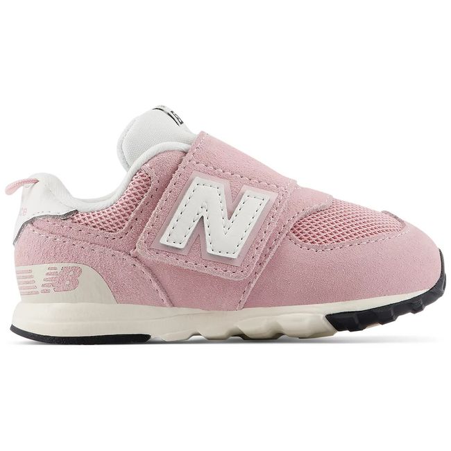 New Balance 574 baby sneaker in soft pink suede with a hook and loop strap