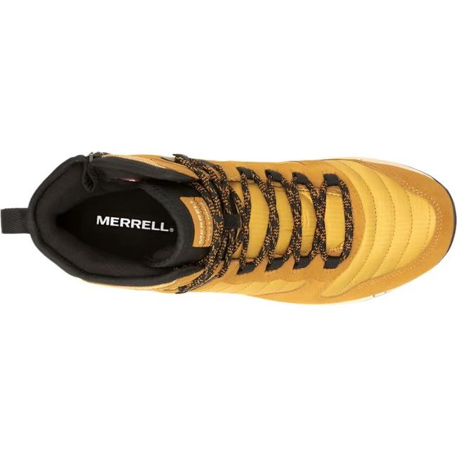 A top view of the Merrell Men&#39;s Nova 3 Thermo Mid Waterproof Boot in gold with black accents, offering a glimpse of the interior. The boot features a padded collar, breathable lining, lace-up system, and cushioned footbed for comfort. This view highlights the shape and design of the boot’s opening and interior padding.