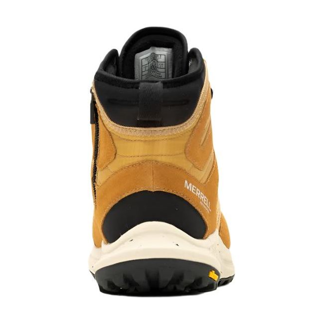 A heel view of the Merrell Men&#39;s Nova 3 Thermo Mid Waterproof Boot in gold with black accents. The boot features a heel pull tab for easy on/off, an external rear sling for heel support, and a Vibram Ice Trek outsole designed for traction on icy surfaces. This view highlights the sturdy heel construction and rear design elements.