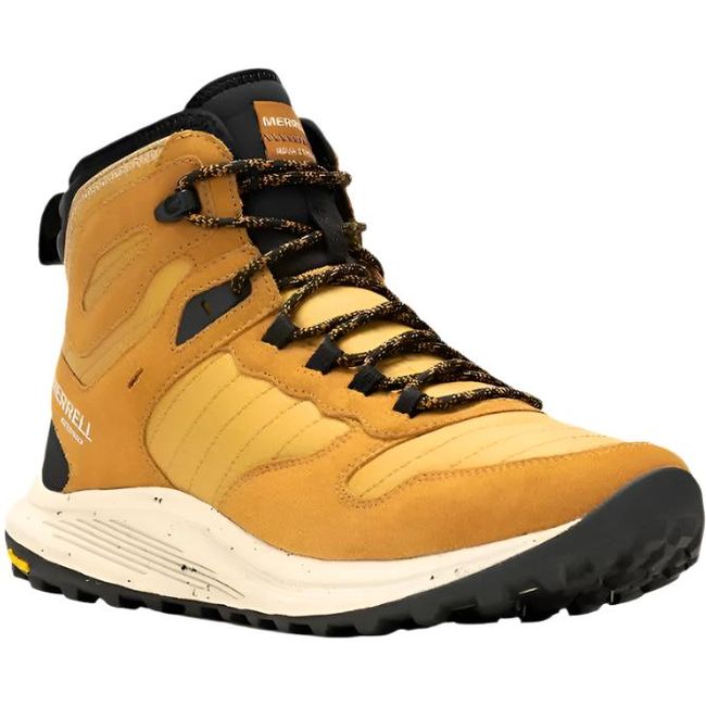 A front angled view of the Merrell Men&#39;s Nova 3 Thermo Mid Waterproof Boot in gold with black accents, showcasing the toe area. The boot features a bellows tongue to block debris, a lace-up system, lightweight synthetic and leather upper, and a cushioned sole, designed for cold weather hiking.