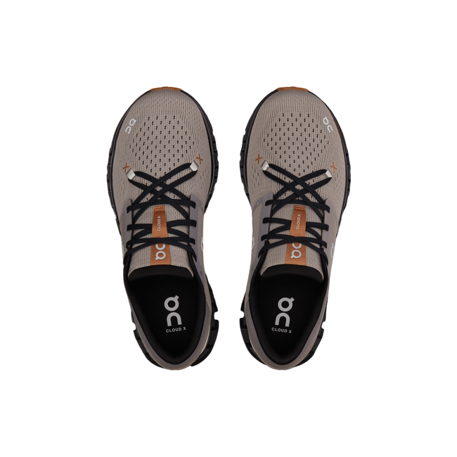 Top-down view of men&#39;s On Cloud X 4 sneakers in grayish brown with black and copper accents