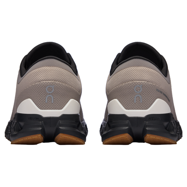 Heels of men&#39;s On Cloud X 4 sneakers in grayish brown with black and copper accents