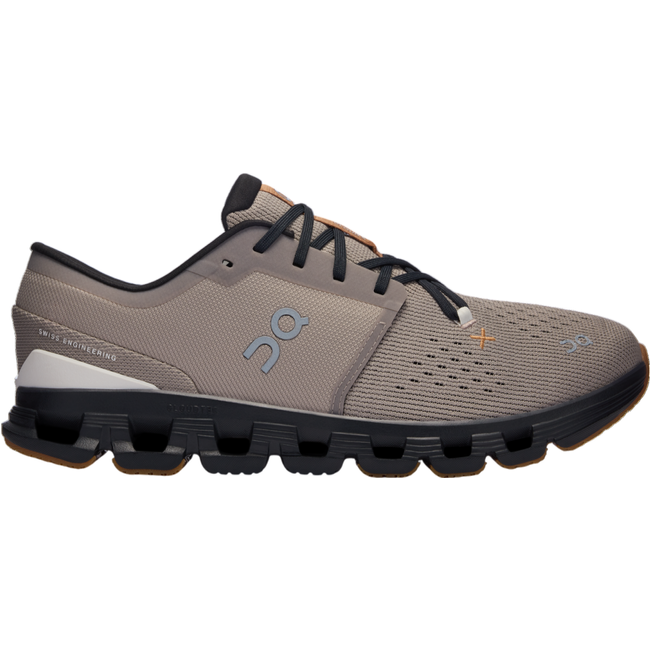 Lateral side of men's On Cloud X 4 sneakers in grayish brown with black and copper accents