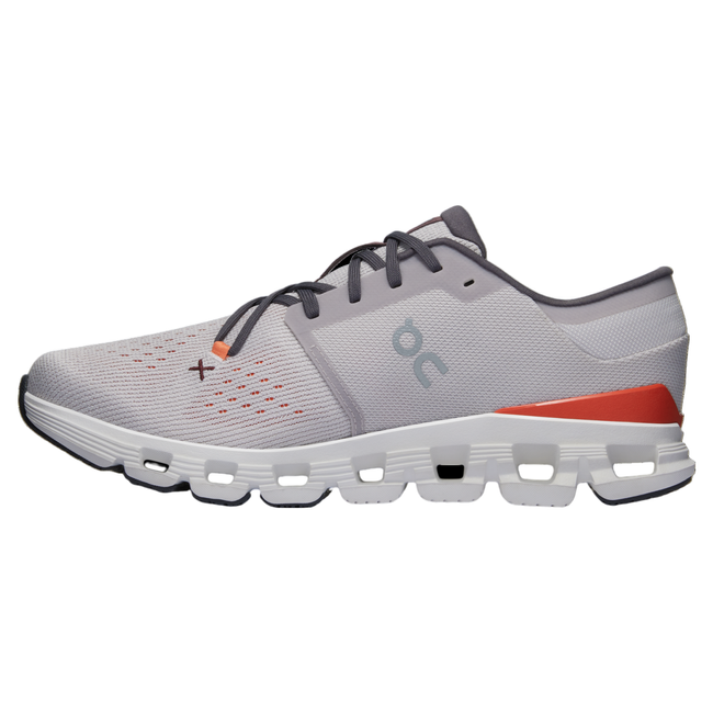 Medial side of men's On Cloud X 4 sneakers in gray with pops of orange and black.