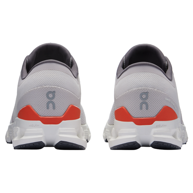 Heels of men's On Cloud X 4 sneakers in gray with pops of orange and black.