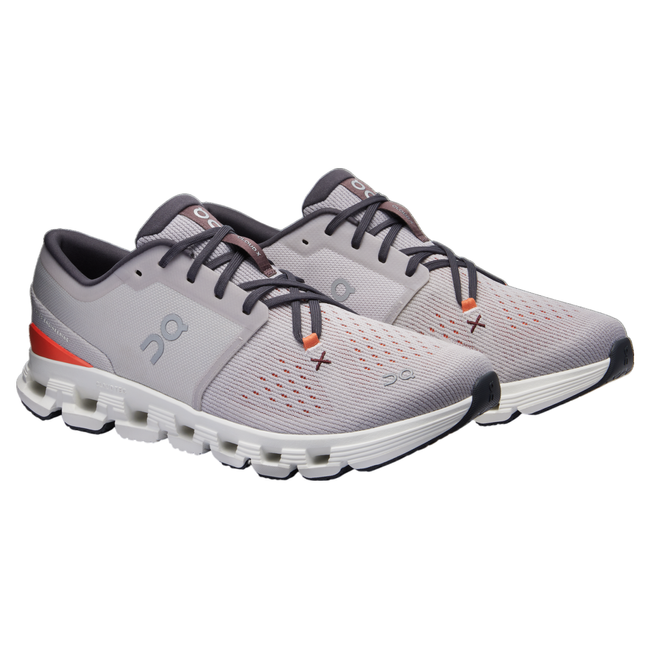 Pair of men's On Cloud X 4 sneakers in gray with pops of orange and black.