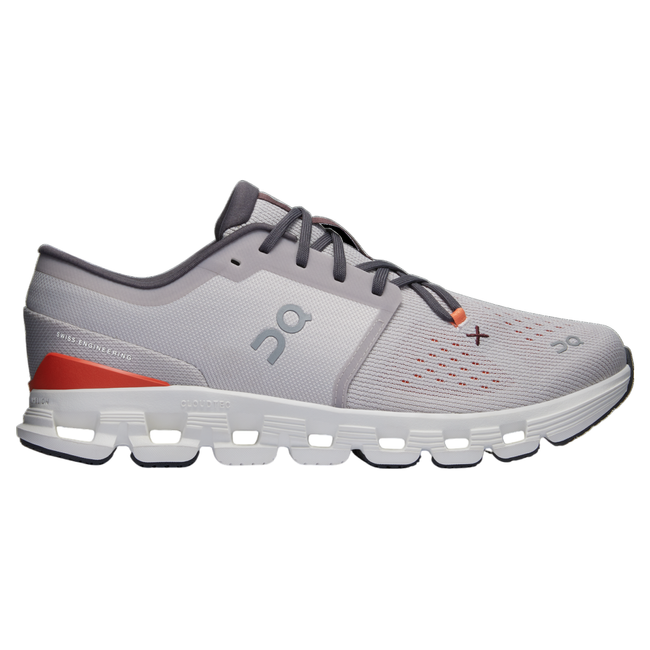 Lateral side of men's On Cloud X 4 sneakers in gray with pops of orange and black.