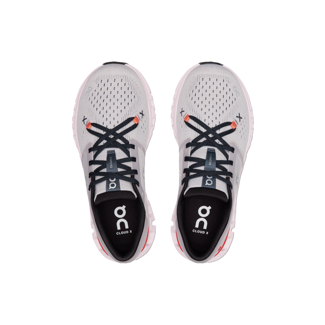 Top-down view of women's On Cloud X 4 sneakers in gray with pink, orange and black accents