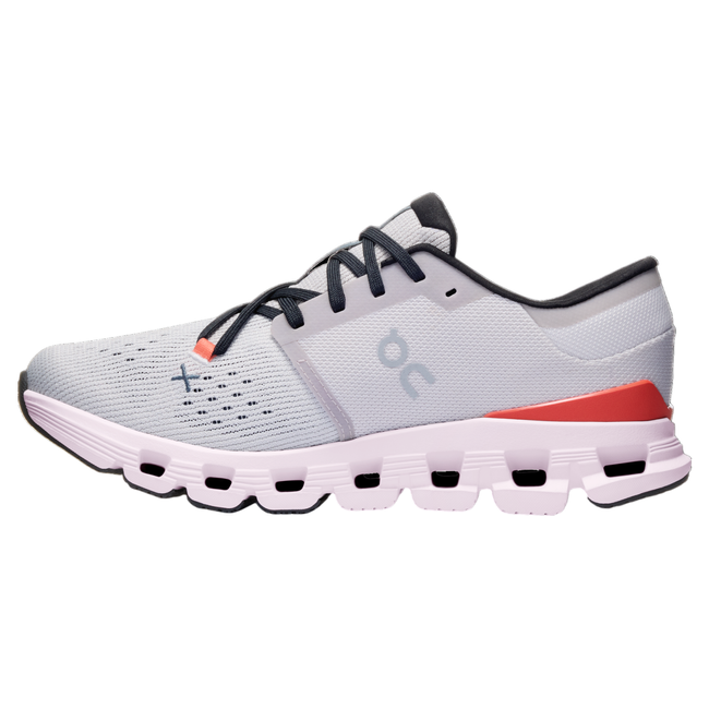 Medial side of women's On Cloud X 4 sneakers in gray with pink, orange and black accents