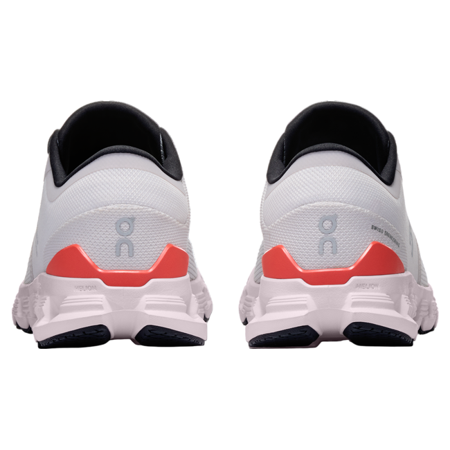 Heels of women's On Cloud X 4 sneakers in gray with pink, orange and black accents